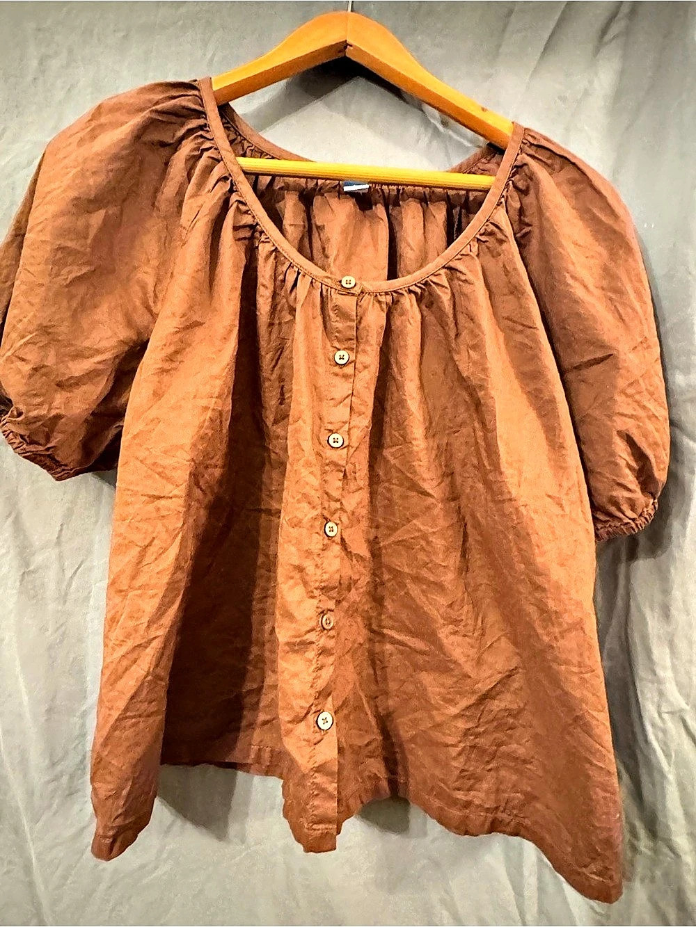 Old Navy Brown Puff-Sleeve Button Front Blouse Brown Size Large